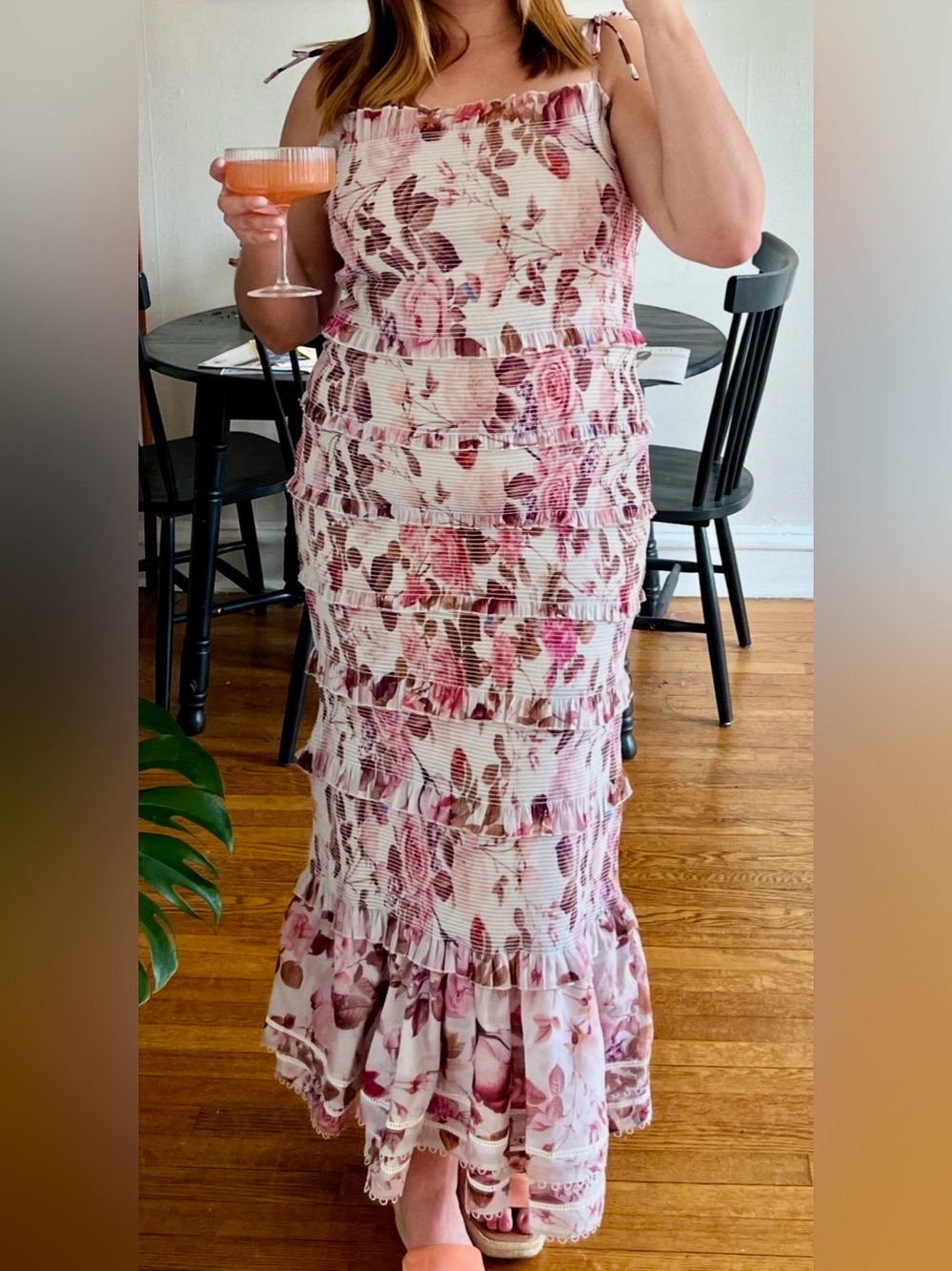 V. Chapman Pink Floral Tiered Midi Dress | Size 12